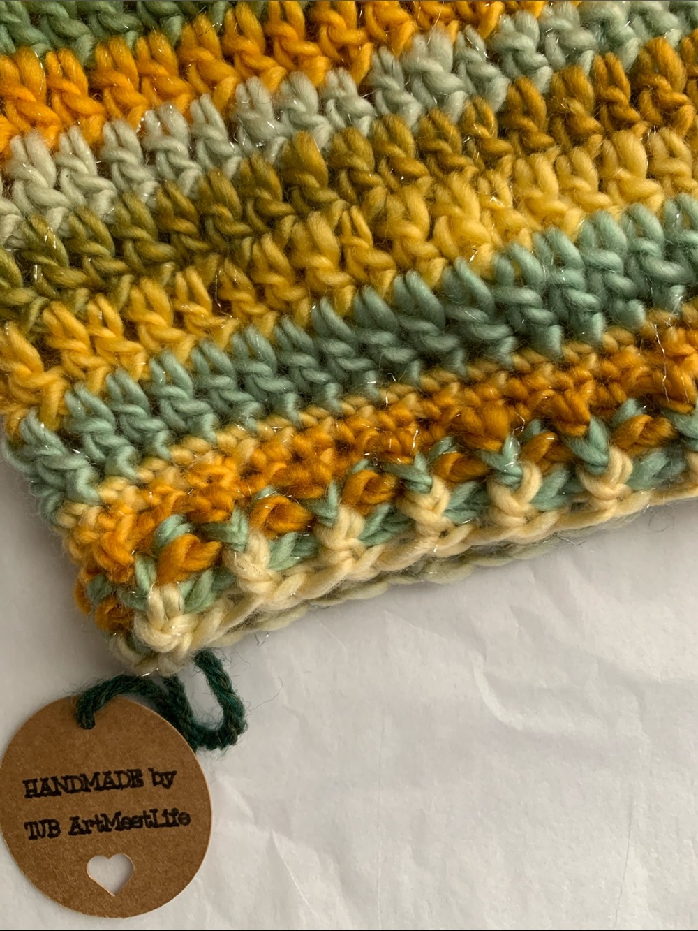 HAND CRAFTED Striped Crochet Slouch Beanie NEW Mustard Yellow Sage Green Ivory - Picture 4 of 7